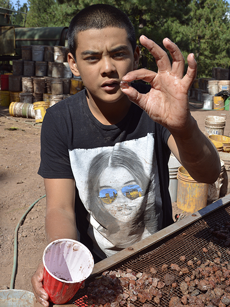 A local Native American teenager separating sunstone from ore at the Ponderosa claim