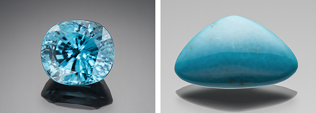 36.11 ct electric blue zircon (left) and 23.90 ct chrysocolla (right)