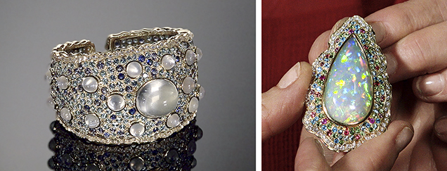 Moonstone cuff and opal pendant by Paula Crevoshay