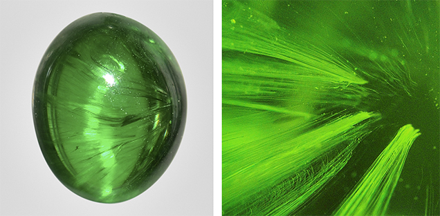 Cat's-eye demantoid with well-aligned horsetail inclusions. Cat's-eye demantoid with well-aligned horsetail inclusions.