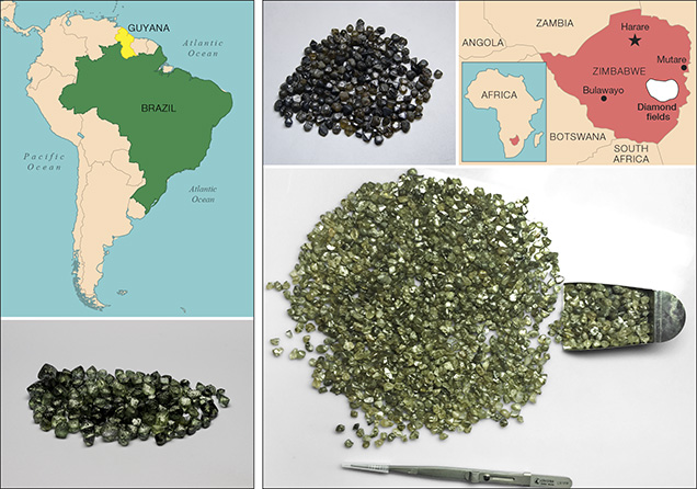 Green diamonds have been produced from Guyana and Brazil (left) as well as Zimbabwe (right).
