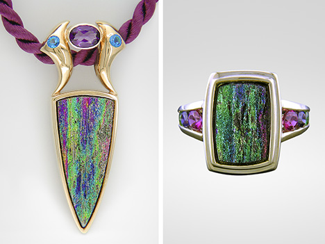 Rainbow hematite in pendant (left) and ring (right). Rainbow hematite in pendant (left) and ring (right).