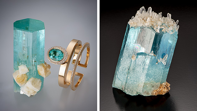 Aquamarine and gold bracelet alongside aquamarine crystal. Aquamarine and gold bracelet alongside aquamarine crystal.