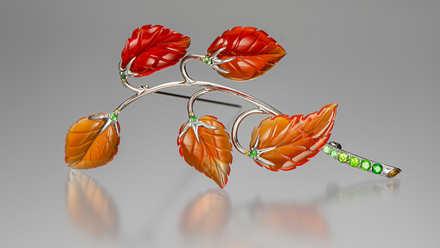 Fire Opal and Russian Demantoid Garnet Pin Fire Opal and Russian Demantoid Garnet Pin