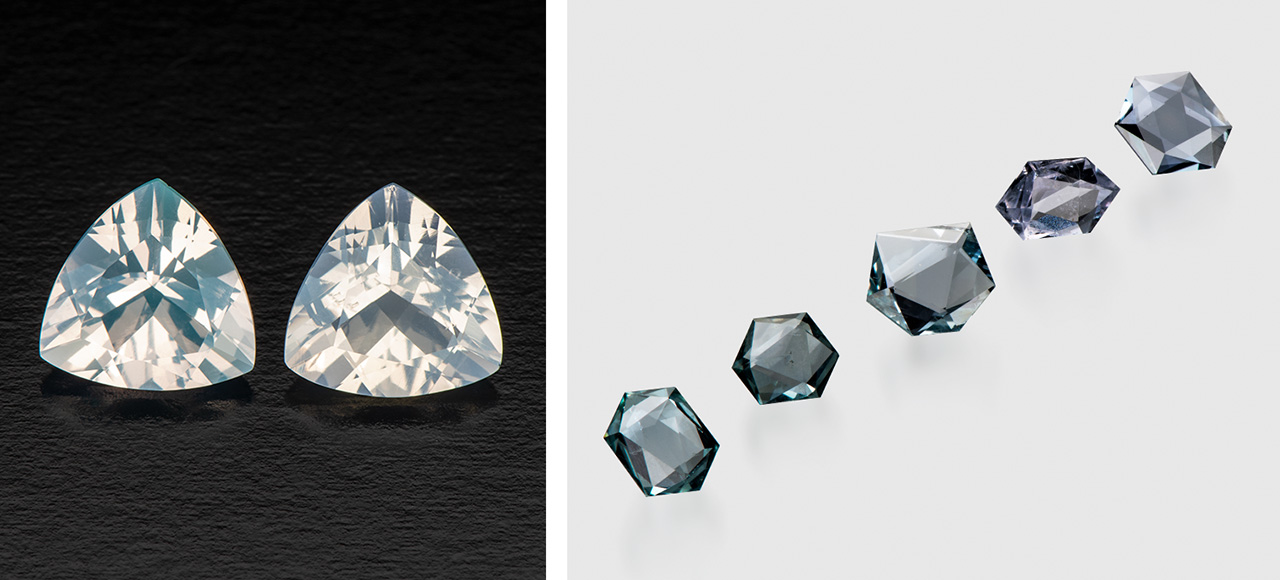 Trillion-cut blue hyalite opals. Trillion-cut blue hyalite opals.