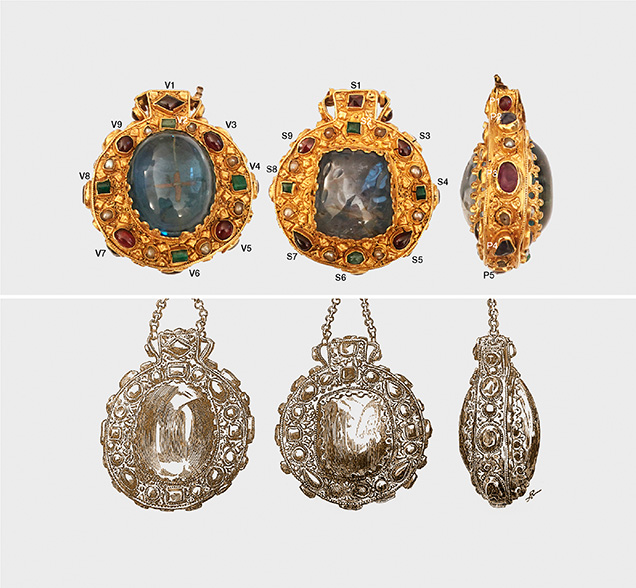 Present-day photos (top row) of the talisman compared with engravings from 1866 (bottom row).