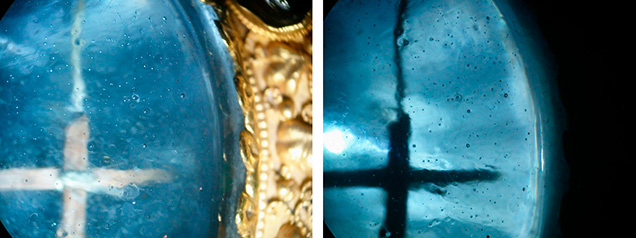 Wooden cross and silk thread can be seen in these photos of the glass cabochon.