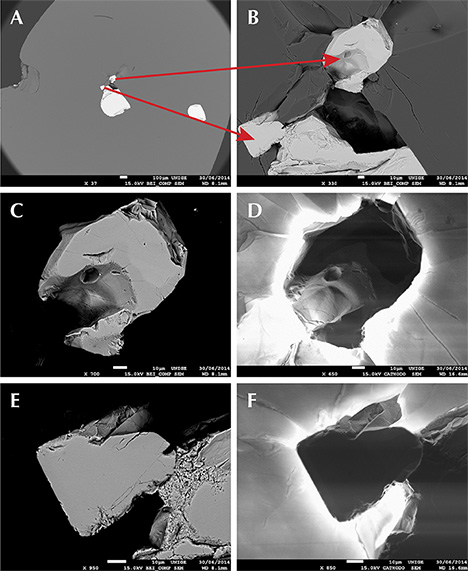Sapphire SASLR050_01 viewed with SEM as backscattered image (left) and under cathodoluminescence (right).