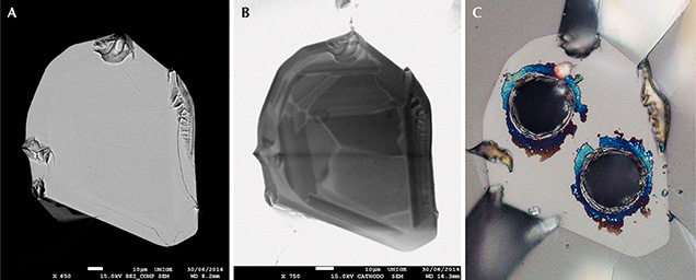 Zircon inclusion in sapphire SASLA01 under SEM as backscattered image (left) and cathodoluminescence (center), and in reflected polarized light (right).
