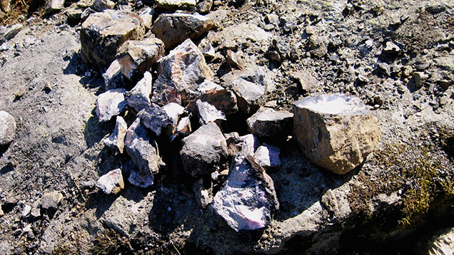 Loose assortment of blocks containing rhodonite mineralizations Loose assortment of blocks containing rhodonite mineralizations