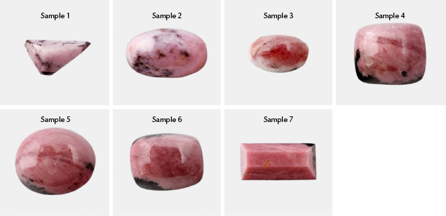 Cut rhodonite from Tanatz Alp, Switzerland Cut rhodonite from Tanatz Alp, Switzerland
