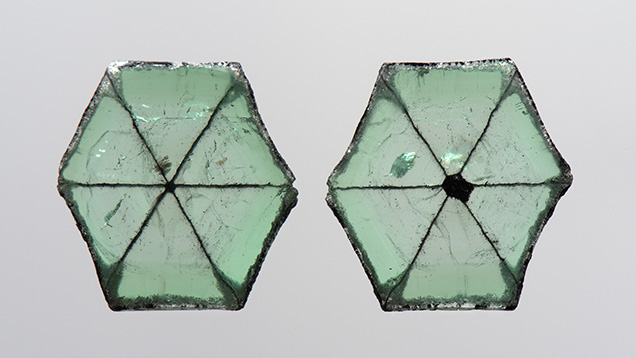 Trapiche emerald slices from Colombia. Trapiche emerald slices from Colombia.