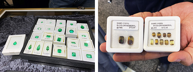 Selection of bright green fluorite and bicolor chrysoberyl.