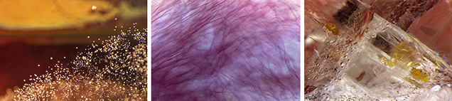 Copper platelets (left), wispy dislocations (center), and yellowish crystals (right) in Ethiopian sunstone. Copper platelets (left), wispy dislocations (center), and yellowish crystals (right) in Ethiopian sunstone.