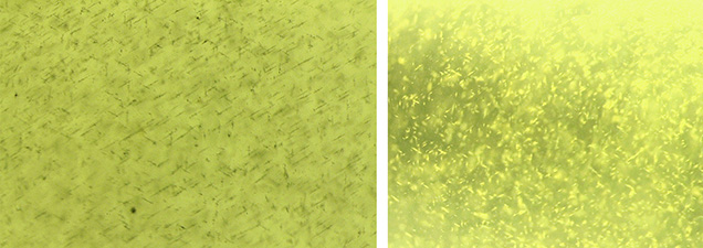 Acicular (left) and needle-like inclusions (right) in star peridot. Acicular (left) and needle-like inclusions (right) in star peridot.