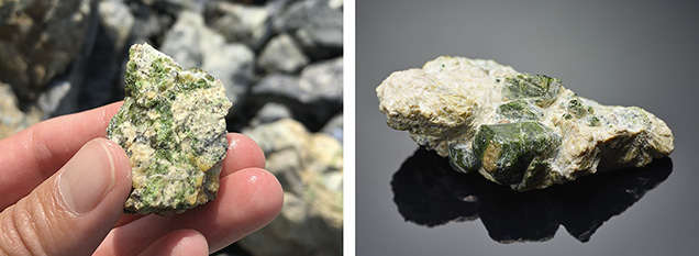 Demantoid usually occurs as very small grains in the host rock. Demantoid usually occurs as very small grains in the host rock.