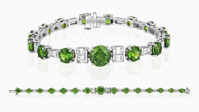 AGTA Spectrum Award winning Russian demantoid and diamond bracelet. AGTA Spectrum Award winning Russian demantoid and diamond bracelet.