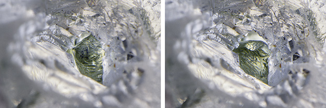 Loose green diamond crystal freely moves inside the host diamond. Loose green diamond crystal freely moves inside the host diamond.