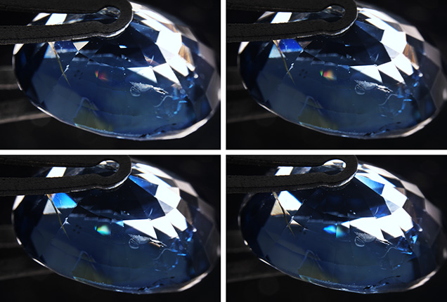 Phenomenon resembling play-of-color revealed while tilting the sapphire.
