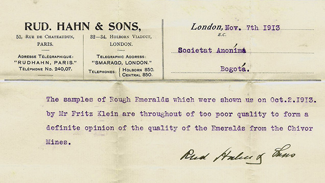 1913 Letter from Rudolf Hahn & Sons to owners of Chivor mines