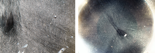 Cloud and needle-like inclusions as seen from the base of the cabochons. Cloud and needle-like inclusions as seen from the base of the cabochons.