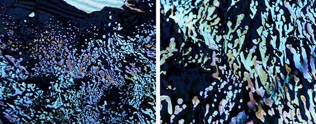 Dendritic healed fissures in this blue sapphire display iridescence. Dendritic healed fissures in this blue sapphire display iridescence.