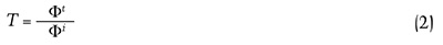 Equation showing the ratio \( T = \frac{\Phi^*}{\Phi^-} \).