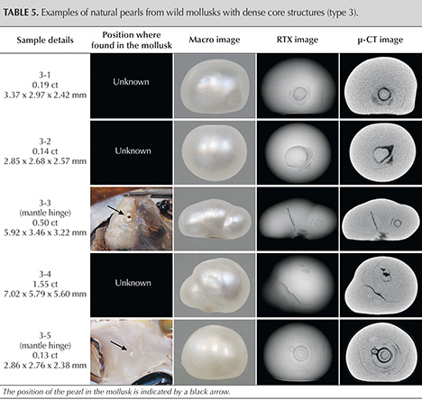 Table displaying examples of natural pearls from wild mollusks, including macro images, RTX images, and μ-CT images.