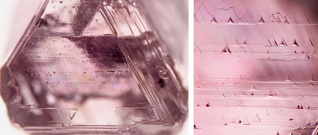 Figure 3. Left: A 0.31 ct pink octahedral diamond crystal with rows of negative trigons indicating that plastic deformation has taken place. Right: This close-up shows the horizontal rows of trigons marking the location of pink {111} glide planes approximately 1 μm thick. Photomicrographs by Evan M. Smith; fields of view 3.57 mm (left) and 0.71 mm (right). Figure 3. Left: A 0.31 ct pink octahedral diamond crystal with rows of negative trigons indicating that plastic deformation has taken place. Right: This close-up shows the horizontal rows of trigons marking the location of pink {111} glide planes approximately 1 μm thick. Photomicrographs by Evan M. Smith; fields of view 3.57 mm (left) and 0.71 mm (right).