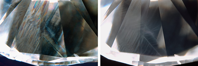 Figure 5. A natural type IIa diamond with evidence of plastic deformation. Examination with a microscope using crossed polarizing filters (left) reveals internal banding of dark/light and interference colors due to strain-related anomalous birefringence. In this diamond, the geometry of the banding correlates with the appearance of unusual whitish graining (right). The hazy whitish graining may be caused by plastic deformation. Photomicrographs by Evan M. Smith; field of view 4.79 mm. Figure 5. A natural type IIa diamond with evidence of plastic deformation. Examination with a microscope using crossed polarizing filters (left) reveals internal banding of dark/light and interference colors due to strain-related anomalous birefringence. In this diamond, the geometry of the banding correlates with the appearance of unusual whitish graining (right). The hazy whitish graining may be caused by plastic deformation. Photomicrographs by Evan M. Smith; field of view 4.79 mm.