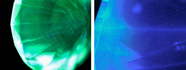 Figure 6. Deep UV fluorescence images of deformation features. Left: Deformation lines in the pavilion of a round brilliant diamond, with two distinct sets of parallel lines that trace out octahedral or {111} slip planes. Right: A dislocation network pattern, appearing as a dark mesh against a bright background in the left portion of the diamond but as a bright mesh against a dark background toward the right. Images by Evan M. Smith; field of view is 4.66 mm. Figure 6. Deep UV fluorescence images of deformation features. Left: Deformation lines in the pavilion of a round brilliant diamond, with two distinct sets of parallel lines that trace out octahedral or {111} slip planes. Right: A dislocation network pattern, appearing as a dark mesh against a bright background in the left portion of the diamond but as a bright mesh against a dark background toward the right. Images by Evan M. Smith; field of view is 4.66 mm.