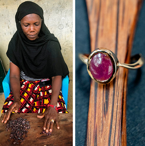 Figure 2. Left: One of the Liberian diamond miners displays some of the rubies she found while digging. Right: A ring mounted with a Liberian ruby. Photos by Diamonds for Peace (left) and Alex Herbert (right). Figure 2. Left: One of the Liberian diamond miners displays some of the rubies she found while digging. Right: A ring mounted with a Liberian ruby. Photos by Diamonds for Peace (left) and Alex Herbert (right).