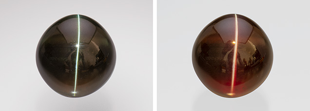 Figure 2. A 35.05 ct Sri Lankan cat’s-eye alexandrite in daylight (left) and incandescent light (right). Photo by Robert Weldon; courtesy of Kreis Jewellery GmbH. Figure 2. A 35.05 ct Sri Lankan cat’s-eye alexandrite in daylight (left) and incandescent light (right). Photo by Robert Weldon; courtesy of Kreis Jewellery GmbH.