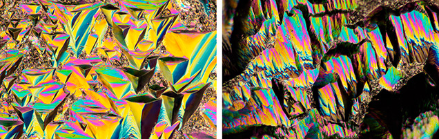 Figure 26. Differential interference contrast imaging of the surface of a rough sapphire from Dry Cottonwood Creek showing etch features on the basal pinacoid surface (left, perpendicular to the c-axis) and on the prismatic crystal face (right, parallel to the c-axis). Photomicrographs by Aaron Palke; field of view 0.72 mm.