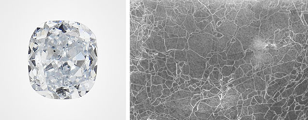 Figure 4. Blue type IIb diamond with dislocation networks. Left: Face-up image of a 0.08 ct Fancy Light blue diamond (2.76 × 2.42 mm). Photo by Jian Xin (Jae) Liao. Right: Cathodoluminescence image revealing dislocation networks. Image by Elina Myagkaya; field of view 2.18 mm. Figure 4. Blue type IIb diamond with dislocation networks. Left: Face-up image of a 0.08 ct Fancy Light blue diamond (2.76 × 2.42 mm). Photo by Jian Xin (Jae) Liao. Right: Cathodoluminescence image revealing dislocation networks. Image by Elina Myagkaya; field of view 2.18 mm.