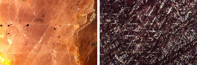 Figure 3. Black inclusions, identified as vonsenite by Raman spectroscopy, were observed with twinning planes (left) and reflective particles aligned in three directions with fine needles (right). Photomicrographs by Yuxiao Li; fields of view 2.4 mm (left) and 2.9 mm (right).