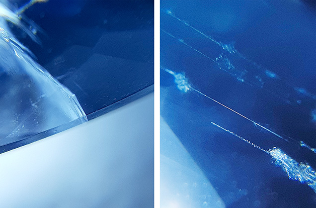 Figure 3. Left: The aquamarine−white beryl boundary. Right: Beryl channels parallel to aquamarine’s c-axis in the blue portion of the bicolor beryl. Photomicrographs by Marina Boncompagne; field of view 10.00 mm. Figure 3. Left: The aquamarine−white beryl boundary. Right: Beryl channels parallel to aquamarine’s c-axis in the blue portion of the bicolor beryl. Photomicrographs by Marina Boncompagne; field of view 10.00 mm.