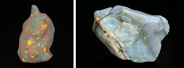 Figure 3. High-quality opal from Brazil shows extremely vivid play-of-color. Some are of transparent light gray to white bodycolor such as this 132.3 ct freeform (left), while others have darker bodycolor (right). Photos by Robert Weldon; courtesy of Prime Gems.