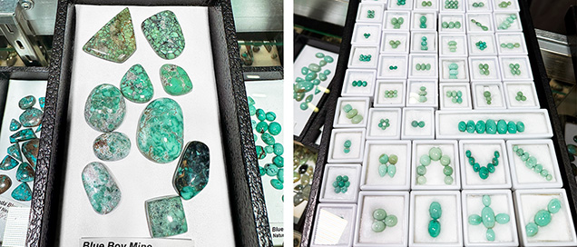 Figure 4. Variscite with matrix (left) and clear gem variscite without patterning (right). Photos by Jennifer Stone-Sundberg; courtesy of Out of Our Mines. Figure 4. Variscite with matrix (left) and clear gem variscite without patterning (right). Photos by Jennifer Stone-Sundberg; courtesy of Out of Our Mines.