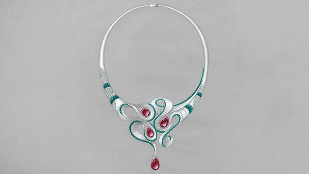 Suhan Wang’s winning necklace design sketch for the 2023 Gianmaria Buccellati Foundation Award for Excellence in Jewelry Design, featuring platinum, emerald, ruby, diamond, and tsavorite. Suhan Wang’s winning necklace design sketch for the 2023 Gianmaria Buccellati Foundation Award for Excellence in Jewelry Design, featuring platinum, emerald, ruby, diamond, and tsavorite.