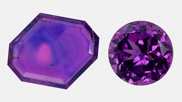 Figure 5. Pink and purple “Nebula” sapphire in both freeform faceted tablet (left; 7.77 × 9.20 mm, 0.82 ct) and brilliant-cut (right; 4 mm round, 0.73 ct) styles. This material is from a mine in Madagascar that produces very small stones ranging from hot pink to violet. Photos by Kalim Korey; courtesy of Caroline C. Figure 5. Pink and purple “Nebula” sapphire in both freeform faceted tablet (left; 7.77 × 9.20 mm, 0.82 ct) and brilliant-cut (right; 4 mm round, 0.73 ct) styles. This material is from a mine in Madagascar that produces very small stones ranging from hot pink to violet. Photos by Kalim Korey; courtesy of Caroline C.