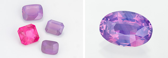 Figure 6. Sapphire and spinel with a visible silky haze creating a glowing, sleepy appearance were popular throughout the shows. Left: Four emerald-cut Mahenge spinel (clockwise from top: 3.00 ct purple, 1.77 ct purple, 2.40 ct purple, and 3.71 ct hot pink). Courtesy of Bryan Lichtenstein. Right: A 4.50 ct “opalescent” unheated sapphire from Sri Lanka. Courtesy of Misfit Diamonds. Photos by Robert Weldon. Figure 6. Sapphire and spinel with a visible silky haze creating a glowing, sleepy appearance were popular throughout the shows. Left: Four emerald-cut Mahenge spinel (clockwise from top: 3.00 ct purple, 1.77 ct purple, 2.40 ct purple, and 3.71 ct hot pink). Courtesy of Bryan Lichtenstein. Right: A 4.50 ct “opalescent” unheated sapphire from Sri Lanka. Courtesy of Misfit Diamonds. Photos by Robert Weldon.