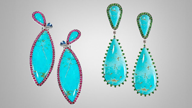 Figure 8. Two pairs of earrings designed and crafted by Caroline Chartouni using Sleeping Beauty turquoise rough she acquired more than 10 years ago. The left pair is 18K white gold with 64.53 carats of turquoise, two cabochon moonstones, and 4.40 carats of hot pink spinel. The right pair is 18K white gold with 107.30 carats of turquoise, 4.64 carats of tsavorite garnet, and 0.19 carats of diamond. Photos by Kalim Corey; courtesy of Caroline C. Figure 8. Two pairs of earrings designed and crafted by Caroline Chartouni using Sleeping Beauty turquoise rough she acquired more than 10 years ago. The left pair is 18K white gold with 64.53 carats of turquoise, two cabochon moonstones, and 4.40 carats of hot pink spinel. The right pair is 18K white gold with 107.30 carats of turquoise, 4.64 carats of tsavorite garnet, and 0.19 carats of diamond. Photos by Kalim Corey; courtesy of Caroline C.