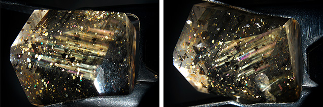 Figure 2. The changing direction of the rays is visible here when the stone is viewed through the same polished face but tilted to a slightly different orientation. Photomicrographs by Rosie Young; field of view 19.27 mm.