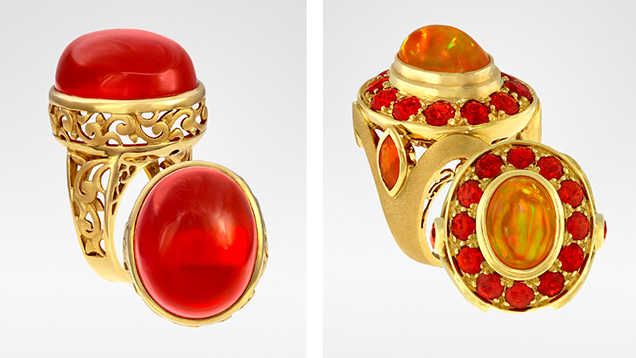 Figure 1. Left: 18K yellow gold “Flames” ring with 25.19 ct Mexican fire opal. Right: This 18K yellow gold “Spice” ring features a rare 6.57 ct fire opal with remarkable play-of-color surrounded by a halo of faceted fire opals (1.96 carats total) and two side fire opals in orange (0.73 carats total). Courtesy of Paula Crevoshay. Figure 1. Left: 18K yellow gold “Flames” ring with 25.19 ct Mexican fire opal. Right: This 18K yellow gold “Spice” ring features a rare 6.57 ct fire opal with remarkable play-of-color surrounded by a halo of faceted fire opals (1.96 carats total) and two side fire opals in orange (0.73 carats total). Courtesy of Paula Crevoshay.
