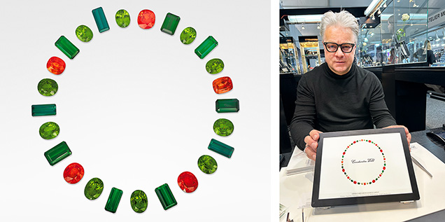 Figure 2. Left: “Dance of the Jungle” layout with 316 carats total of mandarin garnet, green tourmaline, and peridot. Courtesy of Constantin Wild. Right: Wild shows a different orange and green “Dance of the Jungle” layout with 37.26 carats total of tsavorite garnet, fire opal, chrome diopside, and Mali garnet. Photo by Jennifer Stone-Sundberg; courtesy of Constantin Wild. Figure 2. Left: “Dance of the Jungle” layout with 316 carats total of mandarin garnet, green tourmaline, and peridot. Courtesy of Constantin Wild. Right: Wild shows a different orange and green “Dance of the Jungle” layout with 37.26 carats total of tsavorite garnet, fire opal, chrome diopside, and Mali garnet. Photo by Jennifer Stone-Sundberg; courtesy of Constantin Wild.