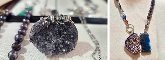 Left: “The Ant on the Sugar” ring, symbolizing persistence and determination, consists of drusy quartz measuring 4 × 3 cm. Right: This necklace, one of Boom Chappell’s most challenging pieces, features drusy quartz, labradorite, freshwater pearls, and blue and orange kyanite. Photos by Edyta Banasiak; courtesy of Metal Studio Jewelry.