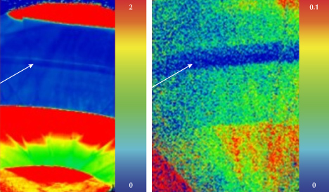 Figure 2. False-color PL maps showing normalized peak intensities (normalized using the diamond Raman line). These were collected using 532 nm excitation to document the SiV– doublet at 736.6/736.9 nm (left) and 455 nm excitation to document the H3 defect at 503.2 nm (right). The region corresponding to the blue band is indicated by an arrow.