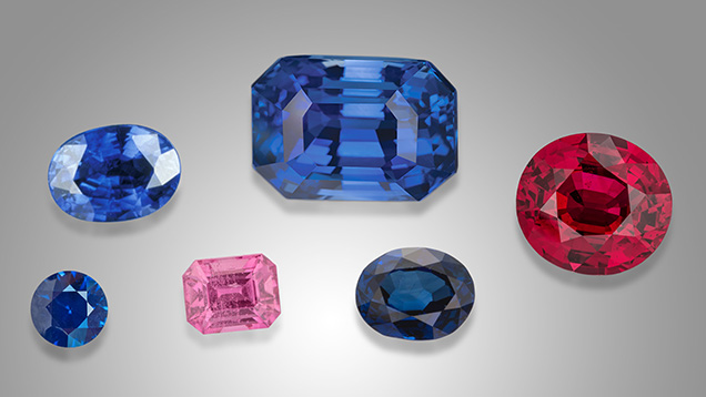 Figure 11. Various types of corundum (ranging from 1.16 to 33.16 ct) that can present the 3309 cm–1 series in FTIR spectra: unheated basalt-related blue sapphire (two stones in the bottom row), heated metamorphic blue sapphire (two stones in the top row), and pink sapphire and ruby. Photos by Robert Weldon, Orasa Weldon, Vincent Pardieu, Emily Lane, and Tino Hammid; stones courtesy of B&B Fine Gems, Kenneth Kin Ming Siu, and Joao Jose Ip Lau Tchun. Figure 11. Various types of corundum (ranging from 1.16 to 33.16 ct) that can present the 3309 cm–1 series in FTIR spectra: unheated basalt-related blue sapphire (two stones in the bottom row), heated metamorphic blue sapphire (two stones in the top row), and pink sapphire and ruby. Photos by Robert Weldon, Orasa Weldon, Vincent Pardieu, Emily Lane, and Tino Hammid; stones courtesy of B&B Fine Gems, Kenneth Kin Ming Siu, and Joao Jose Ip Lau Tchun.