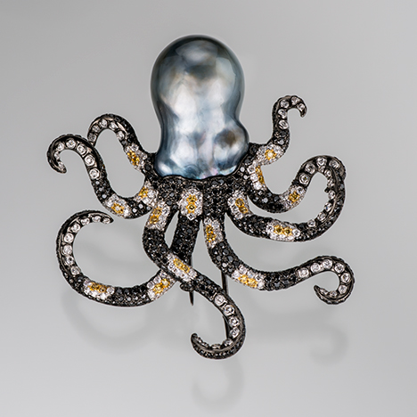 Octopus brooch featuring a gray baroque Tahitian cultured pearl and diamonds. Octopus brooch featuring a gray baroque Tahitian cultured pearl and diamonds.